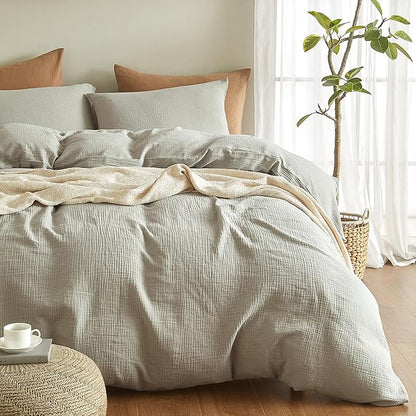 SE SOFTEXLY Muslin Duvet Cover California King Size, 100% Washed Cotton Duvet Cover Set, Ultra Soft Comforter Cover Linen Like, 3 Pieces Gauze Duvet Cover with 2 Pillowcases, 98"x104", Smoky-Green