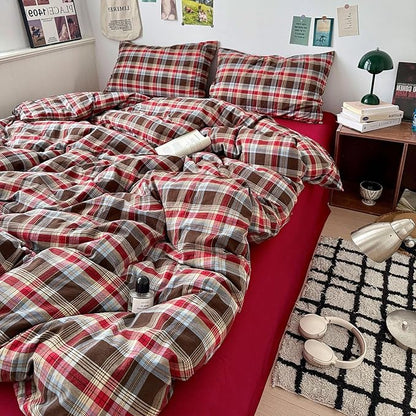 Vintage Red Brown Buffalo Plaid Duvet Cover Full Size Modern Soft 3 Piece Washed Cotton Grid Bedding Set Farmhouse Plaid Checkered Comforter Cover Breathable Gingham Duvet Cover with 2 Pillowcases