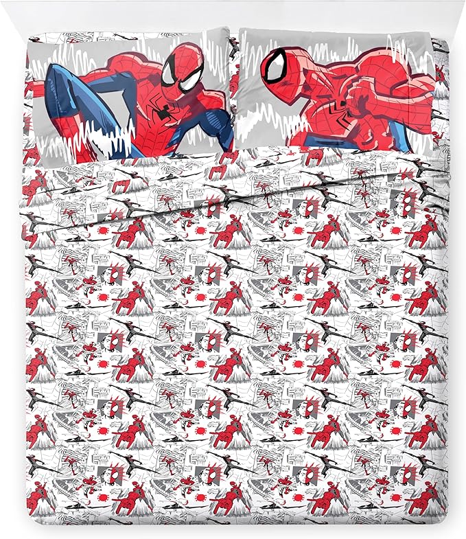 Jay Franco Kids Comforter Set Includes Sheets and Pillow Covers - Soft and Cozy Bed Set for Stylish Room Decor, Black - Spiderman, 7 Piece Full Bedding