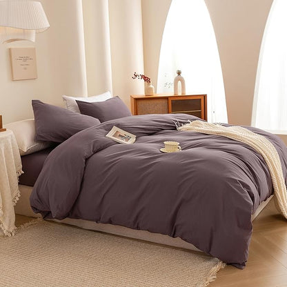 ECOCOTT Purple Duvet Cover Twin Size - 100% Washed Cotton Durable Soft Comfy Duvet Cover Set, 3 Pieces Duvet Cover with Zipper Closure (Purple, 68''x90'')