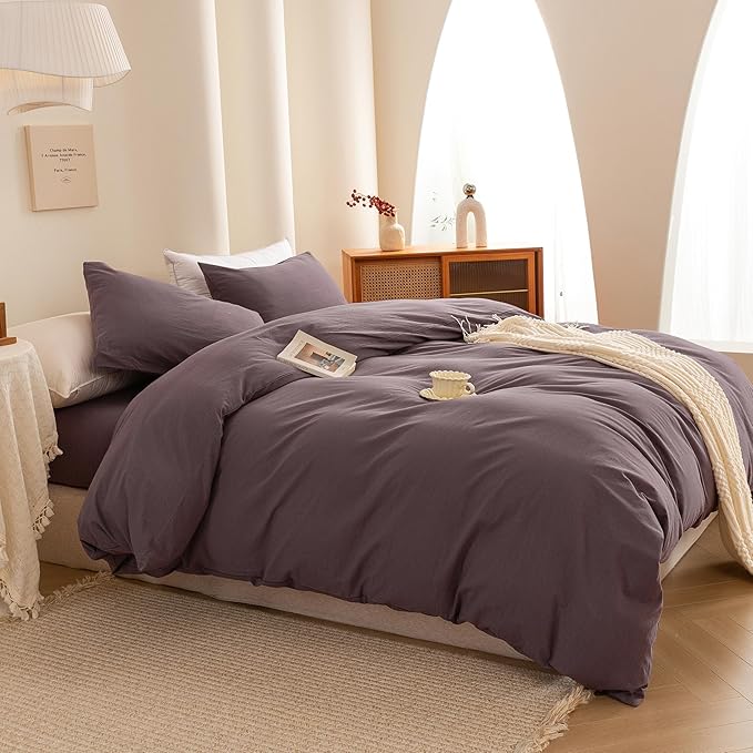 ECOCOTT Lilac Purple Duvet Cover Queen, 100% Washed Cotton 3 Piece Duvet Cover Sets 1 Duvet Cover with Zipper and 2 Pillowcases Bedding Set(Lilac Purple,Queen)