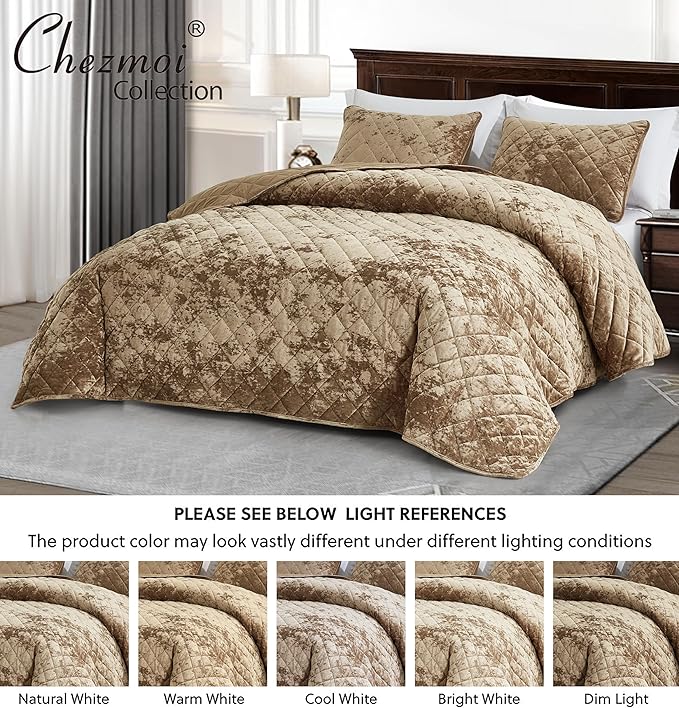 Chezmoi Collection Lux Tan Velvet Quilt Oversized King Set, 3-Piece Plush Distressed Velvet Bedding All Season Lightweight Comforter Brushed Microfiber Reverse with Diamond Stitch Quilting