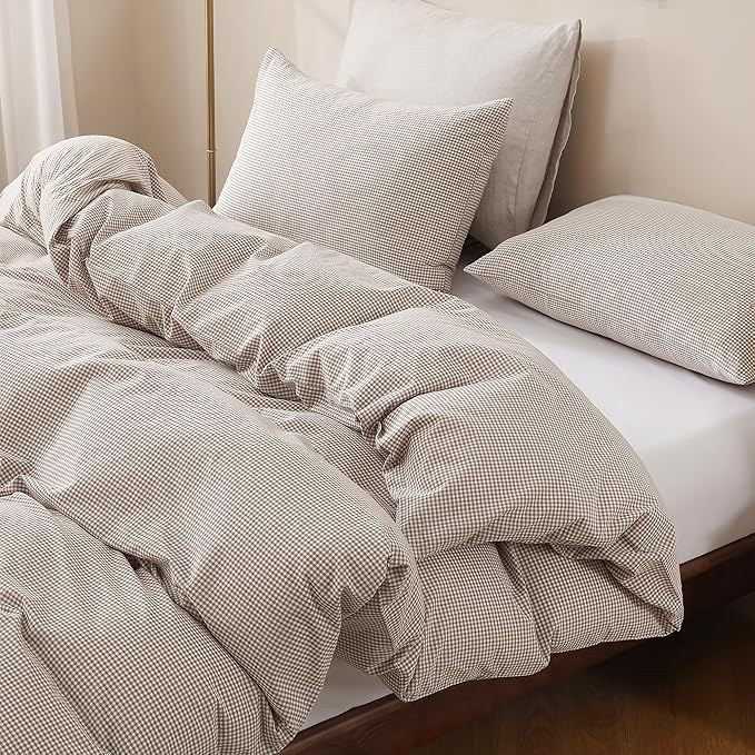 TOCOMOA Mini Gingham Tan Duvet Cover Bedding Set 100% Washed Cotton Like Linen Feel Super Soft Comfy 3 Piece Brown Small Plaid Checkered Comforter Cover Set (Queen 90"x90", Comforter Not Included)