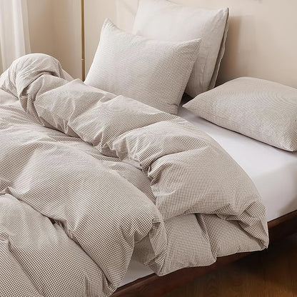 TOCOMOA Mini Gingham Tan Duvet Cover Bedding Set 100% Washed Cotton Like Linen Feel Super Soft Comfy 3 Piece Brown Small Plaid Checkered Comforter Cover Set (Queen 90"x90", Comforter Not Included)