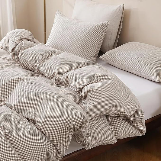 TOCOMOA Mini Gingham Tan Duvet Cover Bedding Set 100% Washed Cotton Like Linen Feel Super Soft Comfy 3 Piece Brown Small Plaid Checkered Comforter Cover Set (King 104"x90", Comforter Not Included)