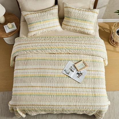 Wonderful 100% Cotton Quilt Set King Size Fall Bedding Set Natural Dyed, Cozy & Breathable Striped Coverlet, Soft Pre-Washed Bedspread with Shams (Light Yellow/Green Stripe)
