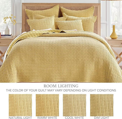 Levtex Home Mills Waffle Queen Bedspread Set (106x106in) with 2 Pillow Shams (26x20in) - Ochre - Cotton Waffle Queen Size Bedspread Set - Lightweight, Soft, Pre-Washed