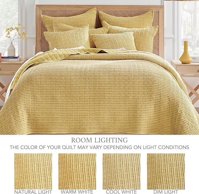 Levtex Home Mills Waffle Full/Queen Quilt Set (88x92in) with 2 Pillow Shams (26x20in) - Ochre - Cotton Waffle Full/Queen Size Quilt Bedding Set - Lightweight, Soft, Pre-Washed