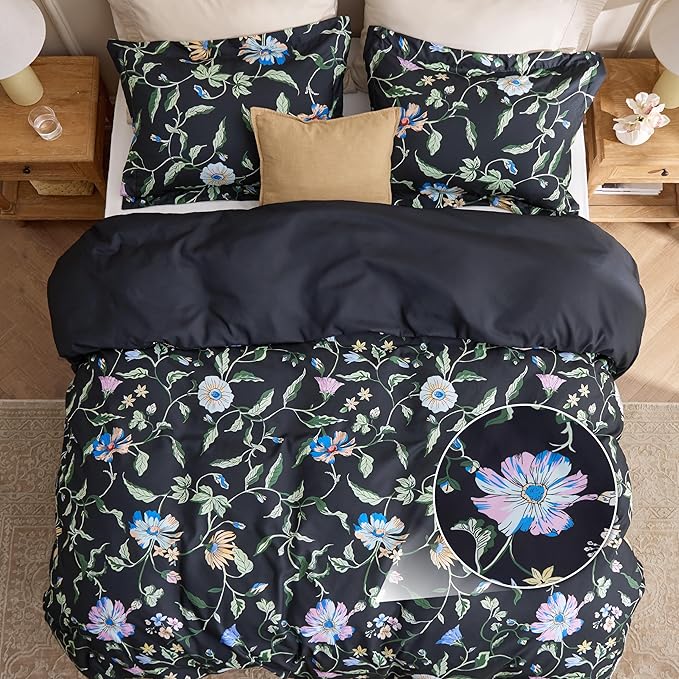 Bedsure Duvet Cover Queen Size - Reversible Black Vine Flowers Duvet Cover Set with Zipper Closure, 3 Pieces Black Bedding Set with 8 Corner Ties and 2 Pillow Shams 20"x26"