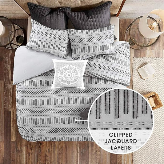 INK+IVY Rhea 100% Cotton Duvet Set Mid Century Modern Boho Design, All Season Comforter Cover Bedding Set, Matching Shams, King/Cal King, Geometric Clipped Jacquard Grey 3 Piece