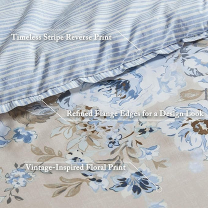 Madison Park Essentials Floral Comforter Set Twin XL Size, Vintage Flower Bedding Set with Sheet Set, 5 Pieces Bed in a Bag, Reversible Botanical Comforter, Pillowcases & Shams, Heather, Beige/Blue