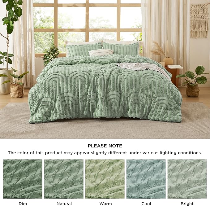 Bedsure Boho Tufted Green Comforter King Size, GentleSoft™ 3 Pieces Boho Farmhouse Decor Bedding, Arch Shabby Chic Bedding for All Seasons, 1 Bed Comforter, 2 Pillow Shams, 104x90 Inches