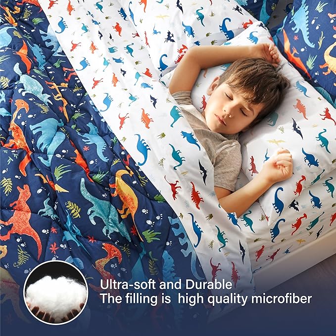 Queen Size Dinosaur Kids Bedding Set for Boys, 7 Pieces Super Soft Lightweight Microfiber Comforter Set with Sheets, Bed in a Bag, Children Bed Set