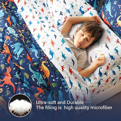 Queen Size Dinosaur Kids Bedding Set for Boys, 7 Pieces Super Soft Lightweight Microfiber Comforter Set with Sheets, Bed in a Bag, Children Bed Set