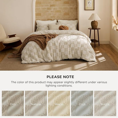 Bedsure California King Size Comforter Set Beige, Boho Tufted Bed Set, Checkered Farmhouse Shabby Chic Bedding, 3 Pieces, 1 Plaid Geometric Comforter and 2 Pillow Shams