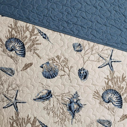 Madison Park Quilt Set Cottage Coastal Design, Starfish Print - All Season, Coverlet Bedspread Lightweight Bedding Layer, Shams, Toss Pillows, Twin/Twin XL(68"x90"), Bayside Blue/Ivory 5 Piece
