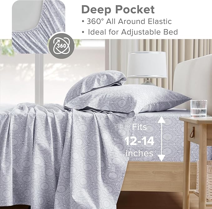 Comfort Spaces 100% Cotton Sheet Set Breathable, Lightweight, Soft with 12" Elastic Pocket Fits up to 14" Mattress, All Season Cozy Bedding, Matching Pillow Case, Twin Adelia Gray 3 Piece