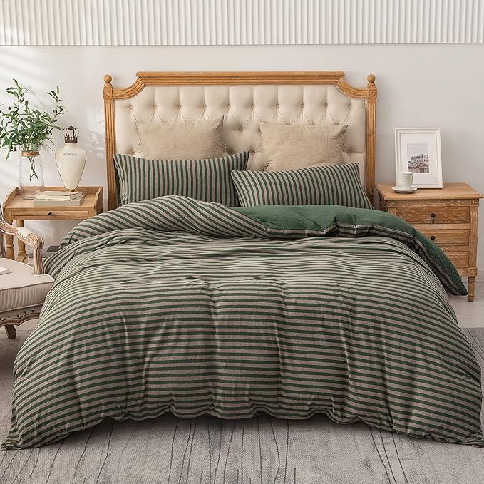 PURE ERA Jersey Knit Duvet Cover Set 100% T-Shirt Heather Cotton Super Soft Comfy Classic Striped Design, with Zipper Closure, Forest Green Stripe, Cal King