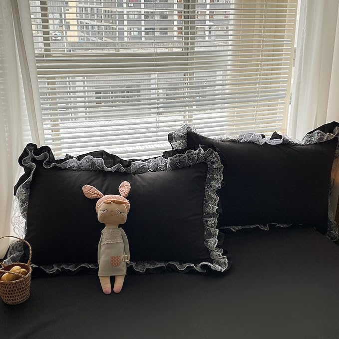 MOOWOO Ruffle Duvet Cover Full Size - Cute Girl Lace Bedding Includes 1 Duvet Cover 90x90 Inches with Zipper Closure & 2 Pillow Shams, No Comforter - Black, Full