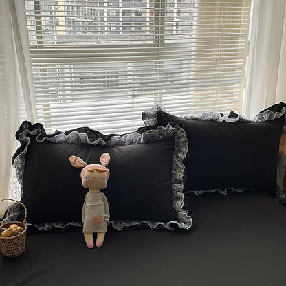 MOOWOO Chic Ruffle Lace Polyester Duvet Cover Set -Girl Black Bedding-3 Piece Queen Duvet Cover with Zipper Closure -Ultra Soft and Light Weight(Black, Queen)-NO Including Comforter