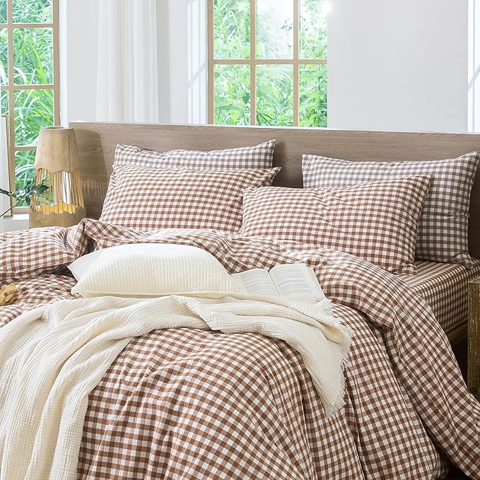 MooMee Bedding Pillowcases Gingham Pack of 2 100% Washed Cotton Linen Like Textured Breathable Durable Soft Comfy (Classic Gingham Dark Orange, Standard)