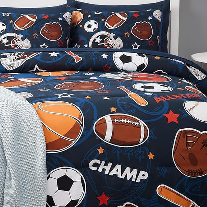 Full Kids Comforter Set - 7 Pieces Full Bedding Sets for Boys Teen, Glow in The Dark Sports Ball Games Bed in A Bag with Sheets