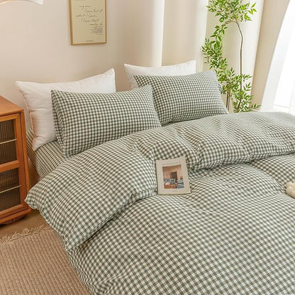 ECOCOTT Green Gingham Duvet Cover Queen Size 100% Washed Cotton Like Linen Feel Super Soft & Comfy Bedding Set Modern Checkered Design for All Seasons