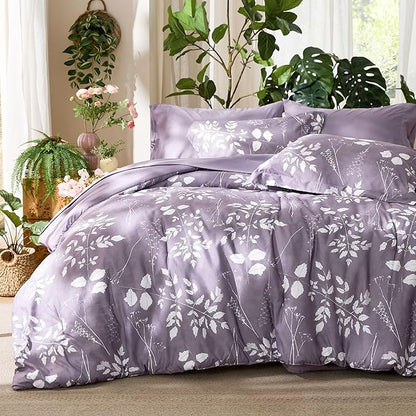 Bedsure Grayish Purple Full Comforter Set - 7 Pieces Floral Bedding Sets Full Bed in a Bag with Reversible Botanical Flowers Comforter, Sheets, Pillowcases & Shams