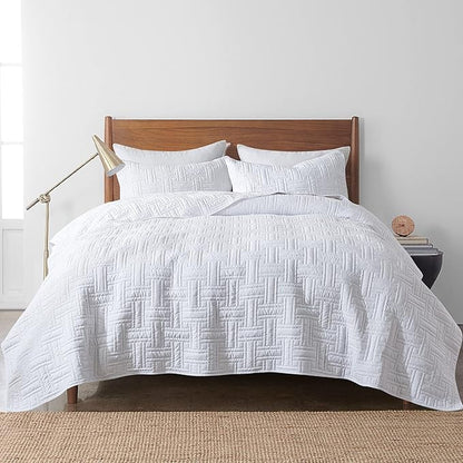 R.SHARE White Quilt Queen Size Bedding Sets with Pillow Shams, Lightweight Soft Bedspread Coverlet, Basket Weave Quilted Blanket Thin Comforter Bed Cover for All Season, 3 Pieces, 90x90 inches