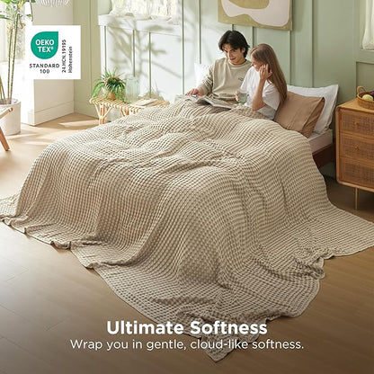 Bedsure Cooling Cotton Waffle Oversized King Blanket - Lightweight Breathable Blankets Rayon Derived from Bamboo for Hot Sleepers, Luxury Throws for Bed and Sofa, Light Brown, 120x96 Inches