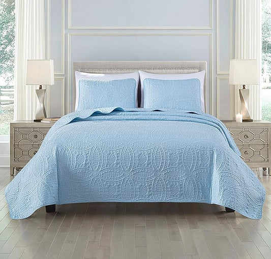Chezmoi Collection Austin 3-Piece Oversized Bedspread Coverlet Set (Queen, Chambray Blue) | Oversized, Lightweight, Fade Resistant