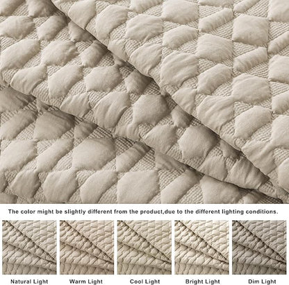 Beige Quilt King Size Bedding Sets with Pillow Shams, Lightweight Soft Bedspread Coverlet, Quilted Blanket Thin Comforter Bed Cover, All Season Summer Spring, Tan Cream, 3 Pieces, 104x90 inches