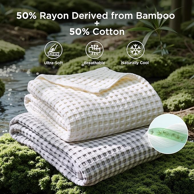 Bedsure Cooling Cotton Waffle Weave Throw Blanket - Lightweight Breathable Blanket of Rayon Derived from Bamboo for Hot Sleepers, Luxury Throws for Bed, Couch and Sofa, Ivory, 50x70 Inches
