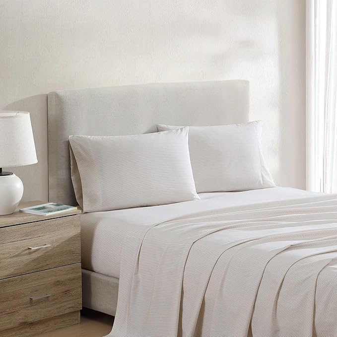 Nautica - King Bed Sheets, Lightweight Cotton Percale Bedding Set with Matching Pillowcases, Crisp & Cool, Oeko-Tex Certified (Penny Pinstripe Brown)