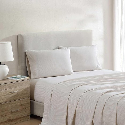 Nautica - Queen Bed Sheets, Lightweight Cotton Percale Bedding Set with Matching Pillowcases, Crisp & Cool, Oeko-Tex Certified (Penny Pinstripe Brown)