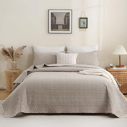 TOCOMOA Tan Gingham Quilt Bedding Set 100% Washed Cotton Bedspread Coverlet Like Linen Feel Soft Comfy Breathable 3 Piece Brown Plaid Checkered Lightweight Comforter Set for All Season, Queen 96"x90"
