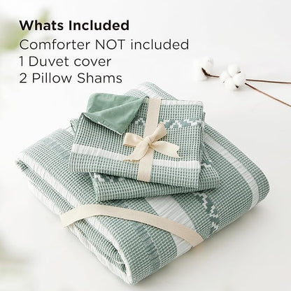 Bedsure Waffle Weave Duvet Cover Queen - 100% Cotton Boho Duvet Cover with 2 Pillowcases - Green Textured Comforter Cover with Zipper Closure (Queen, 90"x90")