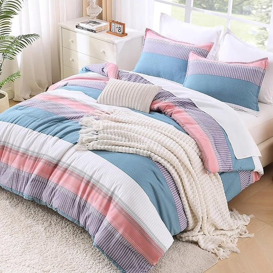 Litanika Full Comforter Set SeaSault - 3 Pieces Lightweight Fluffy Bedding Comforter Sets, All Season Down Alternative Comforter (1 Comforter, 2 Pillowcases)