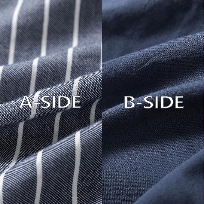 Reversible Duvet Cover Set 100% Washed Cotton Blue Stripe Linen Feel Duvet Cover Full Size with Zipper Closure & 2 Pillow Shams,Navy/White Stripe Reverse Solid Navy
