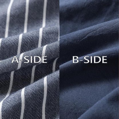 Reversible Duvet Cover Set 100% Washed Cotton Blue Stripe Linen Feel Duvet Cover Full Size with Zipper Closure & 2 Pillow Shams,Navy/White Stripe Reverse Solid Navy