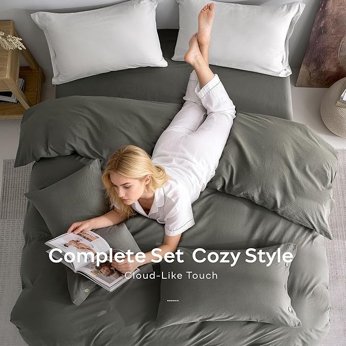 JELLYMONI 100% Washed Cotton Duvet Cover Twin – Soft, Breathable Linen-Look Bedding with Natural Wrinkle Texture, Button Closure, 2-Piece Set (Dark Grey, 68"x90")