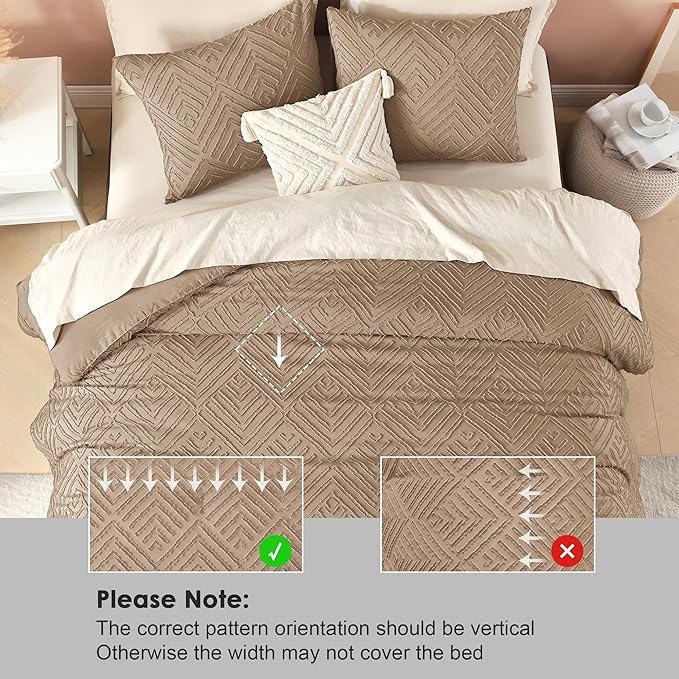 Litanika Super King Comforter Taupe, 3 Pieces Tufted Boho Farmhouse Bedding Comforter Set, Lightweight Fluffy All Season Comforter Set (120x120In Comforter & 2 Pillowcases)