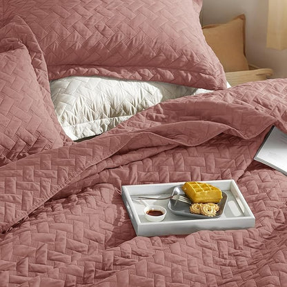 Bedsure Quilts Queen Size - Lightweight Bedspreads Queen Size with Basket Weave Pattern, Soft Quilt Bedding Set, Grayish Pink Comforter Set Coverlet for All Seasons with 2 Pillow Shams (90" x 96") | Skin-Friendly Soft, All-Season Comfort, Breathable, L...