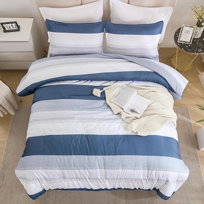 Litanika Mineral Blue Bed Comforter Set Twin Size, 2 Pieces Lightweight Striped Bedding Comforter Set, Soft All Season Down Alternative Comforter (1 Comforter, 1 Pillowcase)
