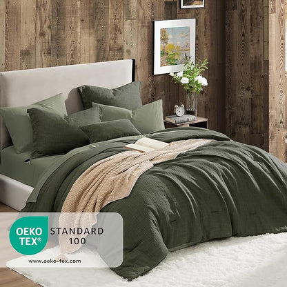 Geniospin Dark Olive Green Full Comforter Set - 7 Pieces Comforter Full Size, Solid Bedding Set for All Season, Textured Bed in a Bag with Sheets