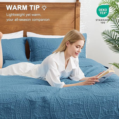 Love's cabin King Size Quilt Bedding Set Misty Blue Bedspreads - Bed Lightweight Bedspread Comforter - Coin Pattern Bedding Coverlet for All Season - 3 Pieces (1 Quilt, 2 Pillow Shams)