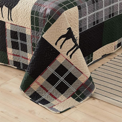 Lodge Bedspread Set King Size Rustic Cabin Quilt Set Deer Bedding Sets Lightweight Coverlet Reversible Bedspreads Elk Moose Printed Bedcover Dark Green Beige Plaid Patchwork Bedding Country Decor