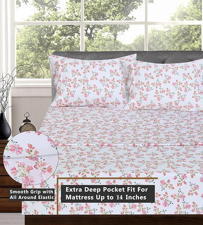 RUVANTI 100% Cotton Sheets – California King Percale Bedding, Cooling & Breathable Floral Design, Durable with a Crisp, Soft & Comfortable Feel, 14" Deep Pocket, 4-Piece Set, Bloomex