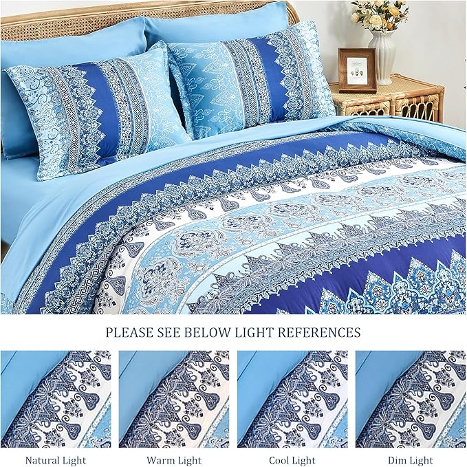Boho King Size Comforter Set Blue - 7 Pieces Floral Striped Comforter Set with Sheets, Soft Microfiber Bohemian Complete Bedding Sets for All Season (Blue,King)