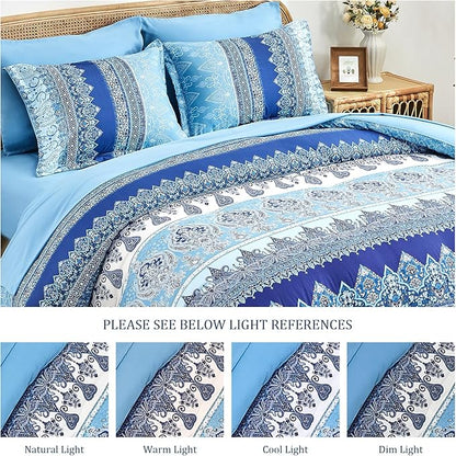 Boho King Size Comforter Set Blue - 7 Pieces Floral Striped Comforter Set with Sheets, Soft Microfiber Bohemian Complete Bedding Sets for All Season (Blue,King)